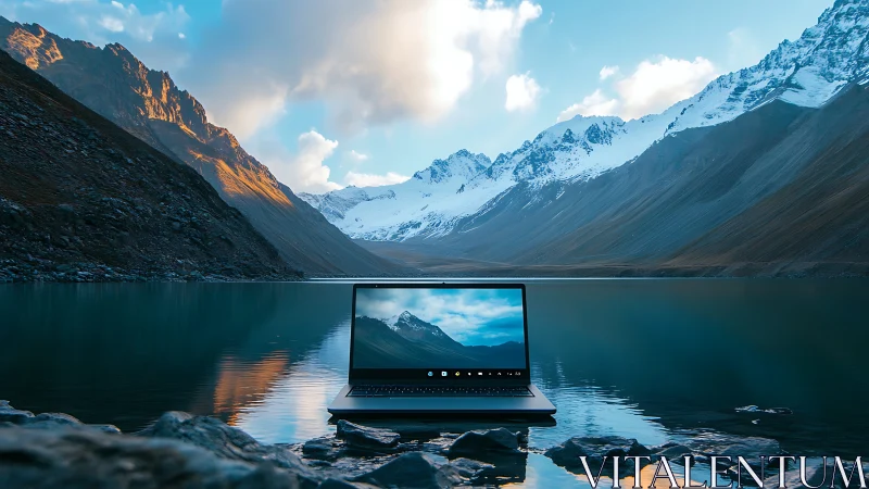 Laptop reflects alpine lake within glowing mountain valley.