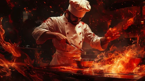 Chef performing high-temperature cooking with intense flames and fire