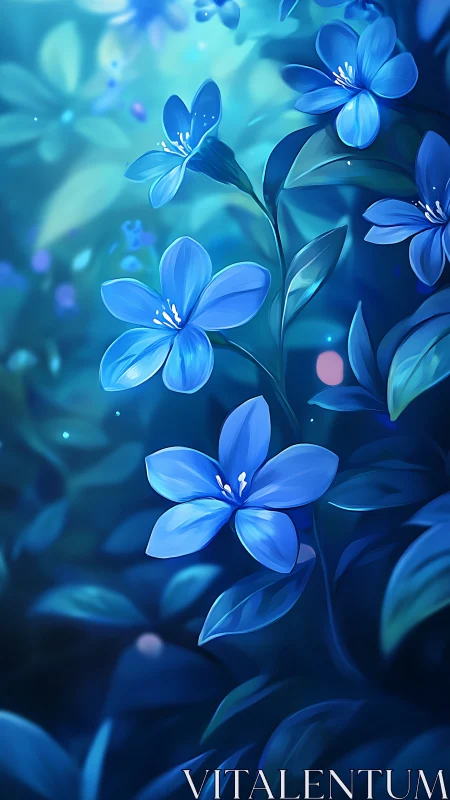 Luminescent Blue Flowers: Digital Rendering with Soft Depth Gradient