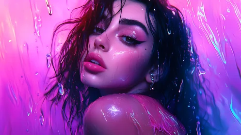 Neon-lit wet portrait of woman in vibrant liquid gloss.