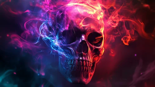 Luminous skull rendered in dual chromatic smoke illumination