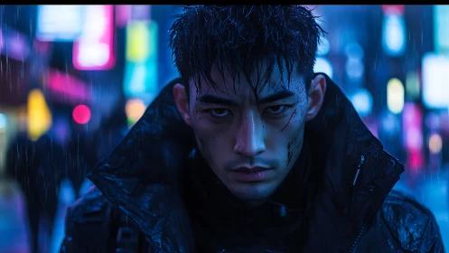 Cyberpunk vigilante under neon rain, intense blue glow.
