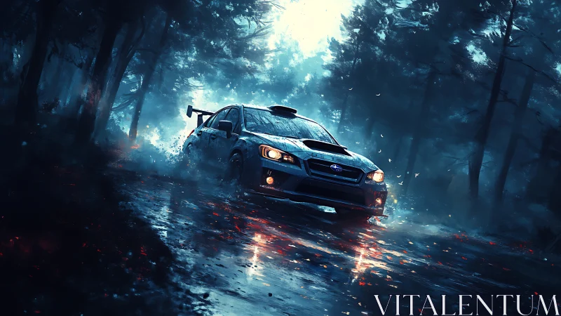 Dynamic rally sedan drifting through rain-soaked forest trail.