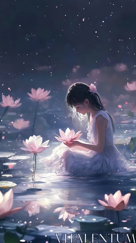 Young girl cradles glowing lotus on moonlit water garden