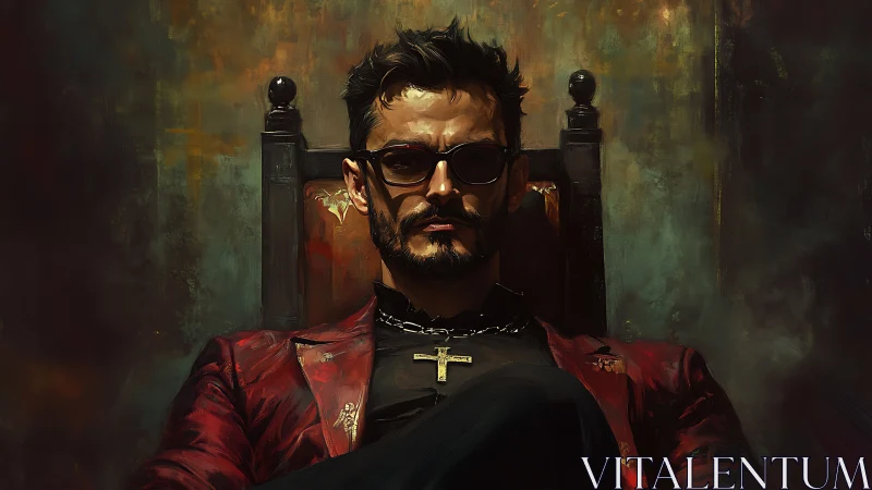 Brooding man in red jacket relaxes in a shadowy throne chair