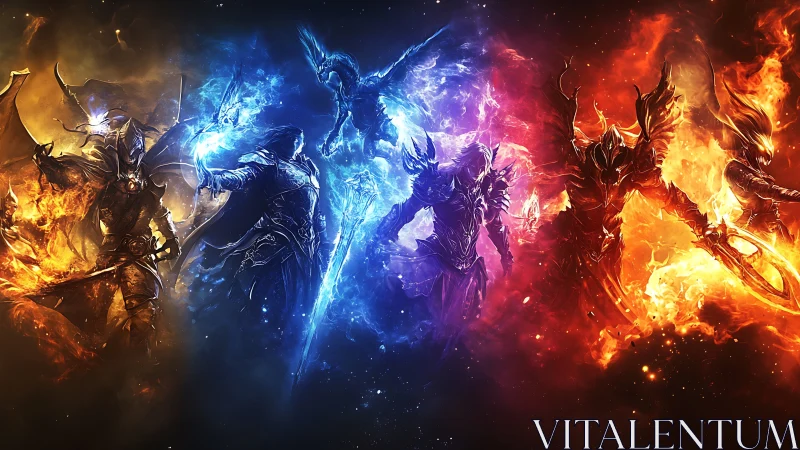 Elemental armored warriors in symmetric fiery and icy standoff