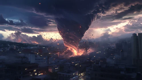 Fire tornado engulfs dense city under storm-laden sky.