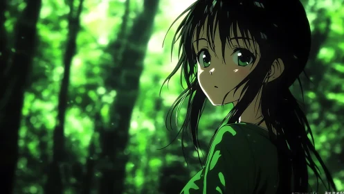 Backlit anime girl in high-contrast verdant forest lighting.