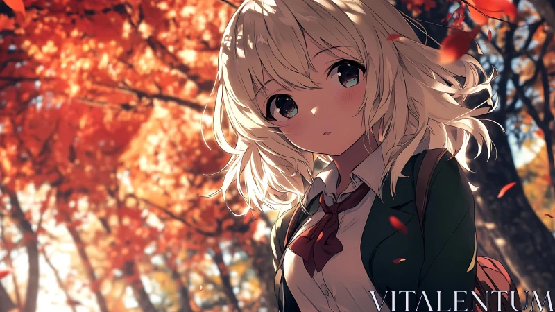 Blonde schoolgirl in autumn park under red foliage.