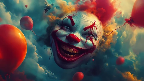 Surreal bleeding clown head with red balloons in storm clouds