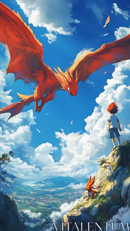 Skyward friends greet a soaring fire bird above bright cliffs