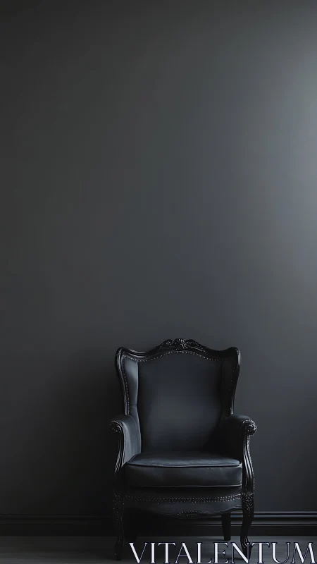 Ornate black leather armchair against minimalist dark wall.