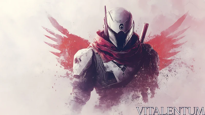 Armored sci fi sentinel with red energy wings in mist