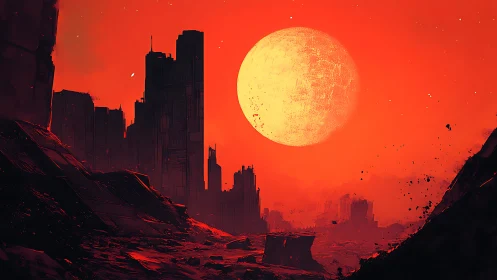 Large celestial body over dark ruined cityscape is depicted
