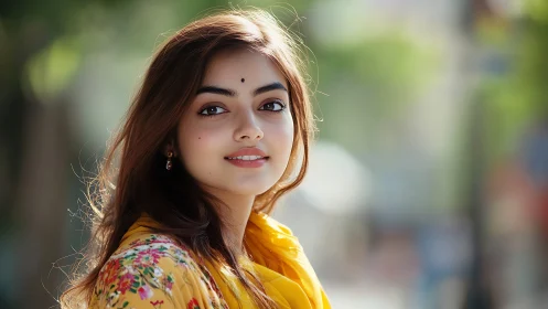 Photorealistic outdoor portrait with shallow depth of field.