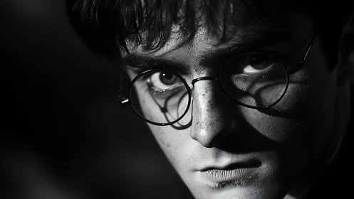 Intense monochrome portrait with circular eyeglasses and shadow.