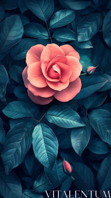 Coral Rose Blooms Among Teal Foliage.