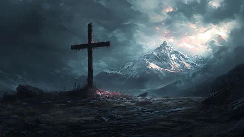 Stormlit cross watches over haunted snowbound mountainscape.