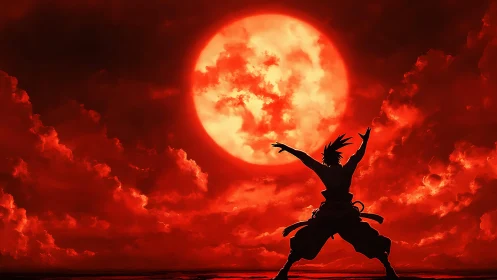 Crimson sky warrior calling power from a burning celestial moon.