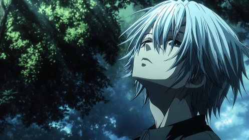 Quiet silver haired anime teen pauses in a dreamy forest light