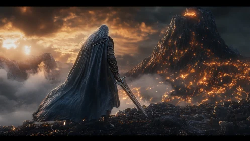Armored swordsman observing molten volcanic landscape.