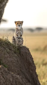 Telephoto wildlife portrait of cheetah on elevated earth mound.