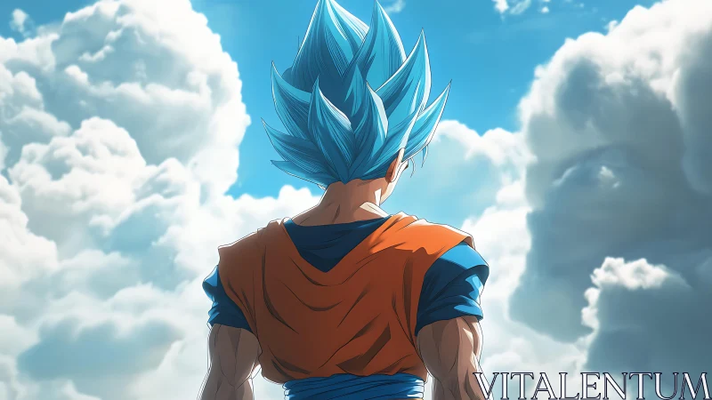 Lone blue haired warrior gazes into a sunlit clouded sky