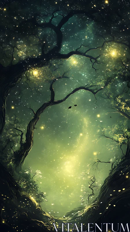 Starlit forest clearing glows softly with magical fireflies