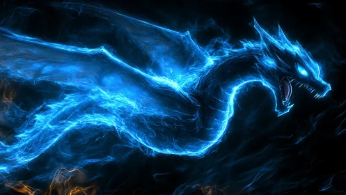 Blue energy dragon silhouette on dark abstract background.