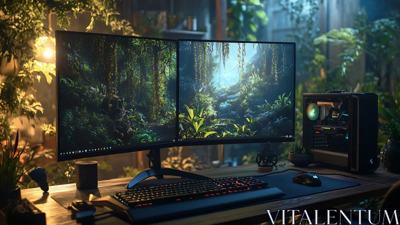 Dual curved monitors and gaming PC in lush indoor studio