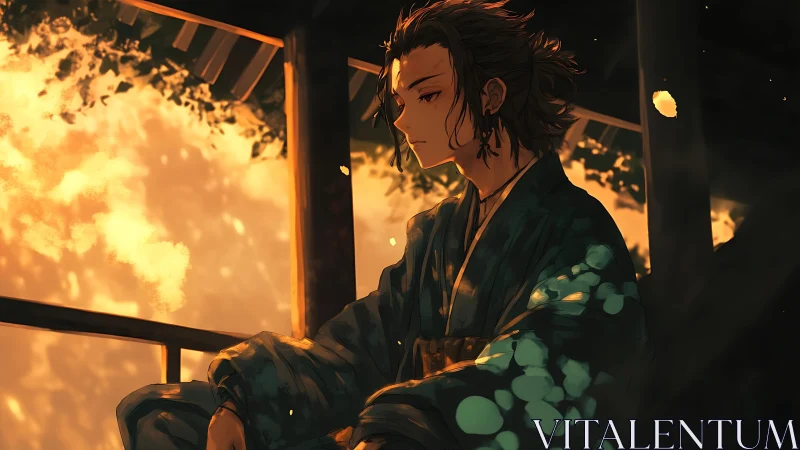 Melancholic samurai contemplates sunset from shadowed veranda