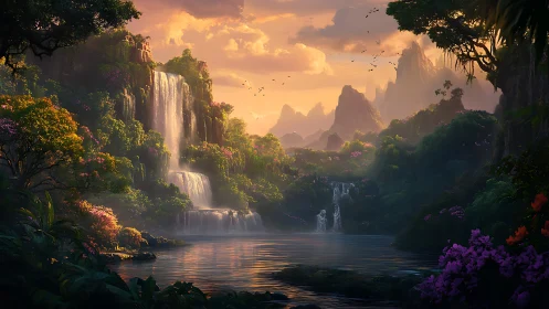 Sunlit tiered waterfalls descend into a forested basin