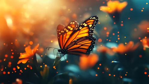 Monarch butterfly rests on orange flowers in glowing light