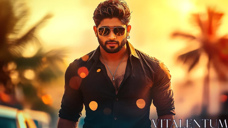 Sunlit street portrait of stylish man in dark shirt walking.