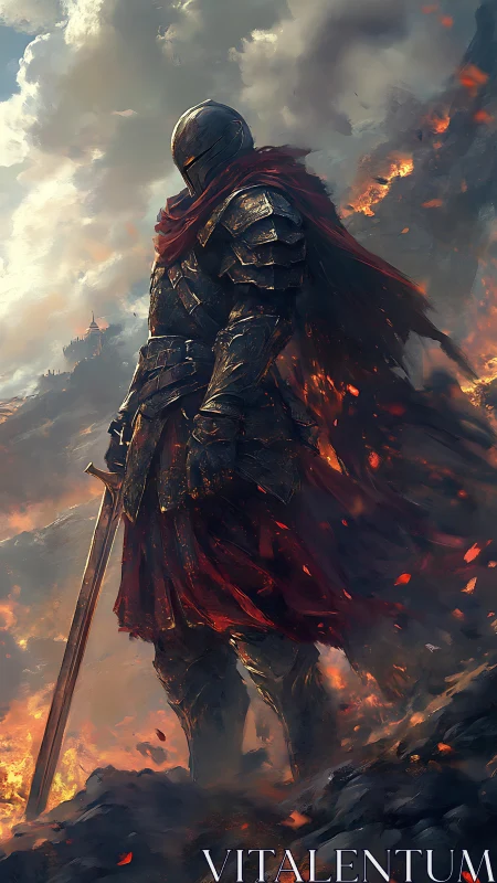 Armored sentinel in volcanic battlefield with embered cloak.