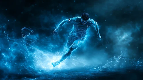 Neon-charged soccer striker sprinting through electric mist.