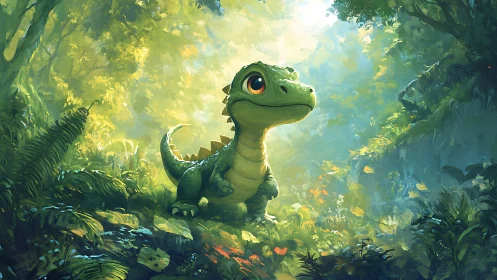 Small green dinosaur stands in sunlit dense jungle clearing