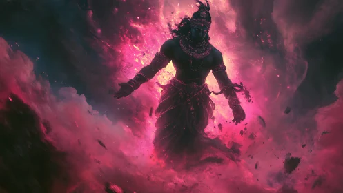 Divine warrior strides through cosmic pink nebula storm.