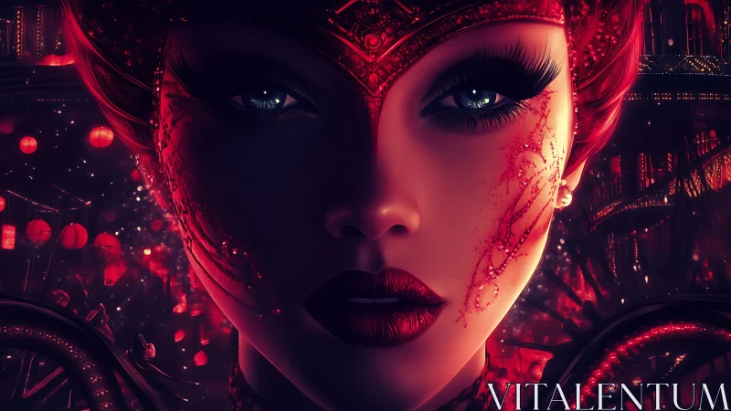 Digital portrait of masked woman in red illuminated setting.