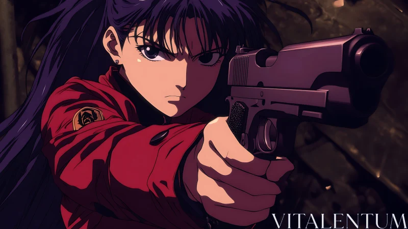 Anime heroine aims her pistol in a tense urban standoff