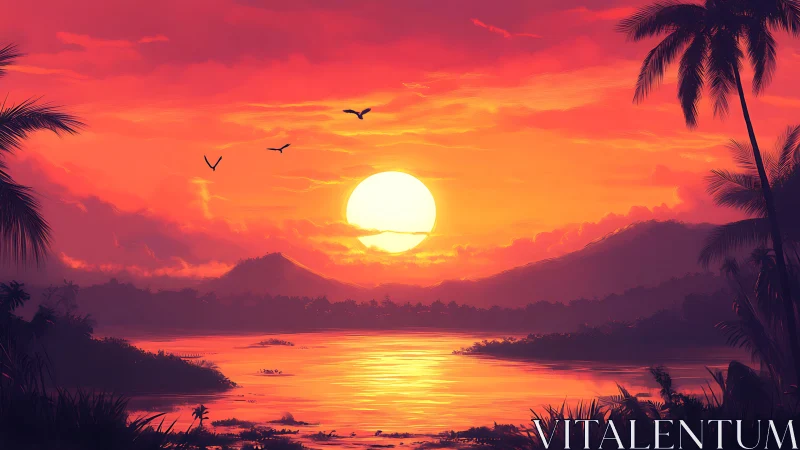 Digital painting tropical sunset with layered silhouettes composition.