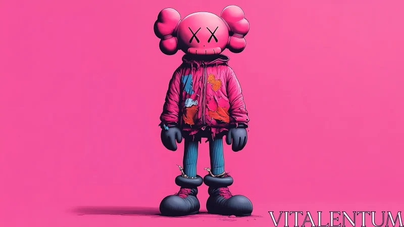 Stylized pink vinyl figure in puffer jacket on monochrome backdrop
