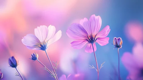 Soft cosmos blossoms glow in dreamy pastel evening light.