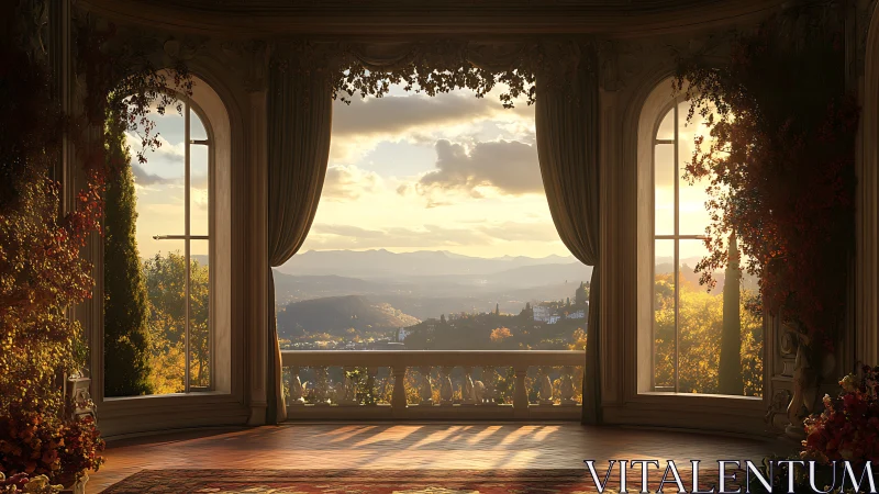 Interior balcony view over distant hills at sunset.