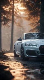 Sleek white sports car greets a misty forest sunrise warmly