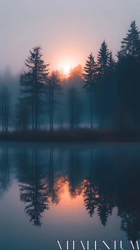 Sun disc intersects silhouetted conifer line over still water
