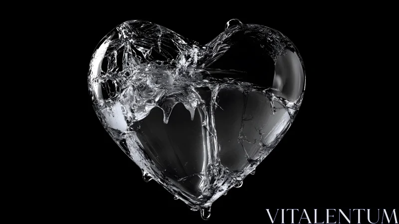 Shattered Glass Heart on Black Background, Dramatic Digital Art.