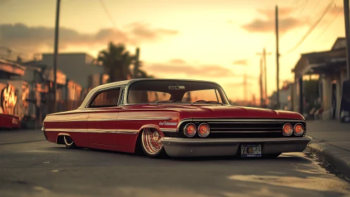 Sunset-lowriding classic red car cruises a calm city street