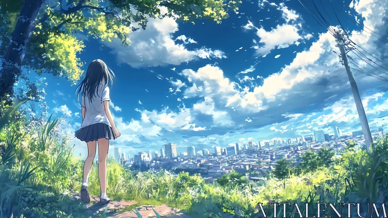 Skyline daydreamer on a sunlit hill above the cityscape.