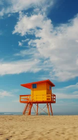 Vibrant orange lifeguard tower on sunlit sandy shoreline.